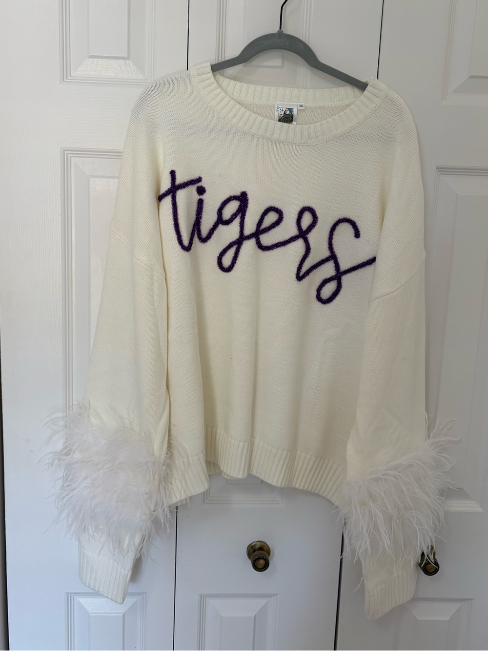 Queen of Sparkles Ivory ‘Tigers' sweat r with Feather Cuffs